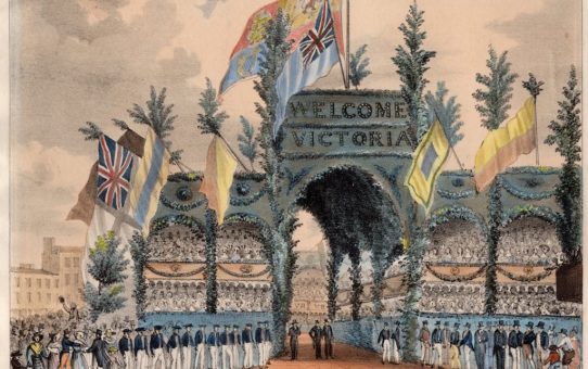 Close-up of BPC00440: The Triumphal Arch (Designed by Mr. John Fabian) erected in honour of the arrival of Her Majesty Queen Victoria, in Brighton, Octr 4th 1837